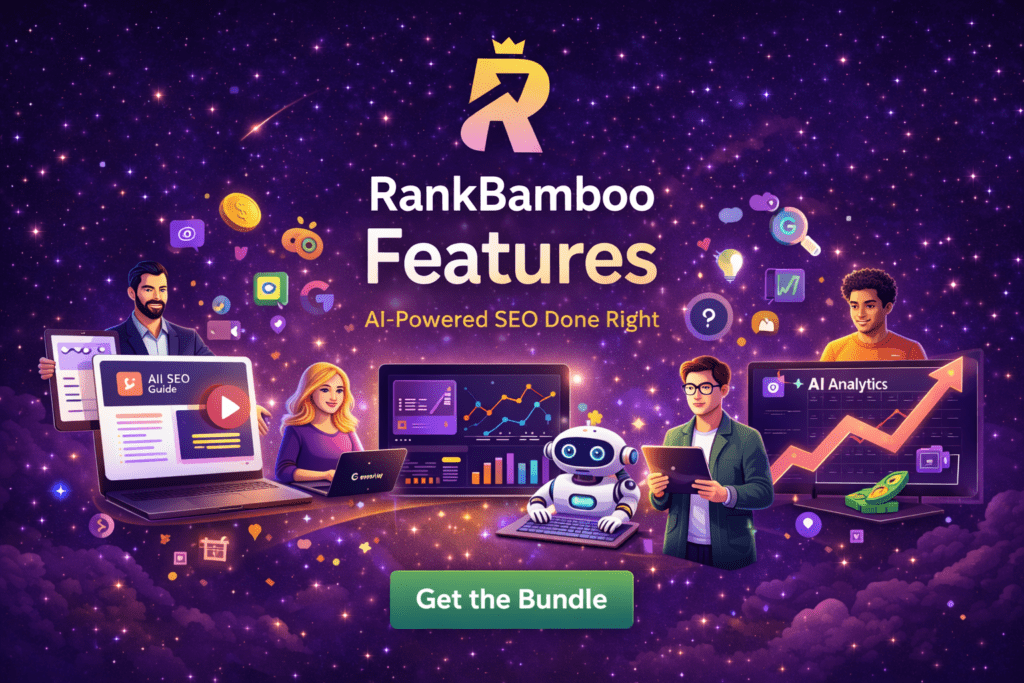 RankBamboo features dashboard illustrating AI visibility tracking, competitor insights, and optimization tools.