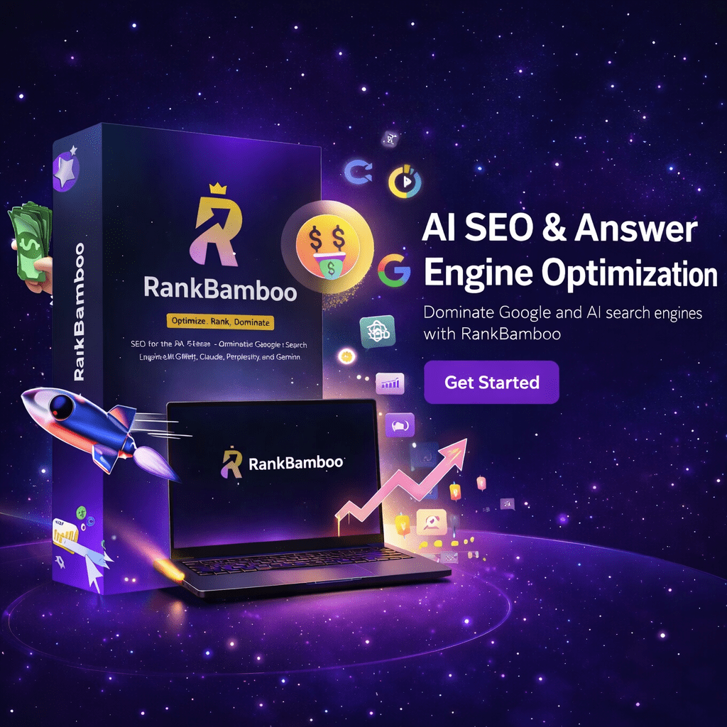 AI SEO and Answer Engine Optimization platform by RankBamboo showing dashboard, growth insights, and AI search visibility.