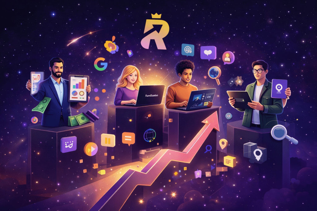 Illustration showing different professionals using RankBamboo to grow visibility across Google and AI-powered search engines.